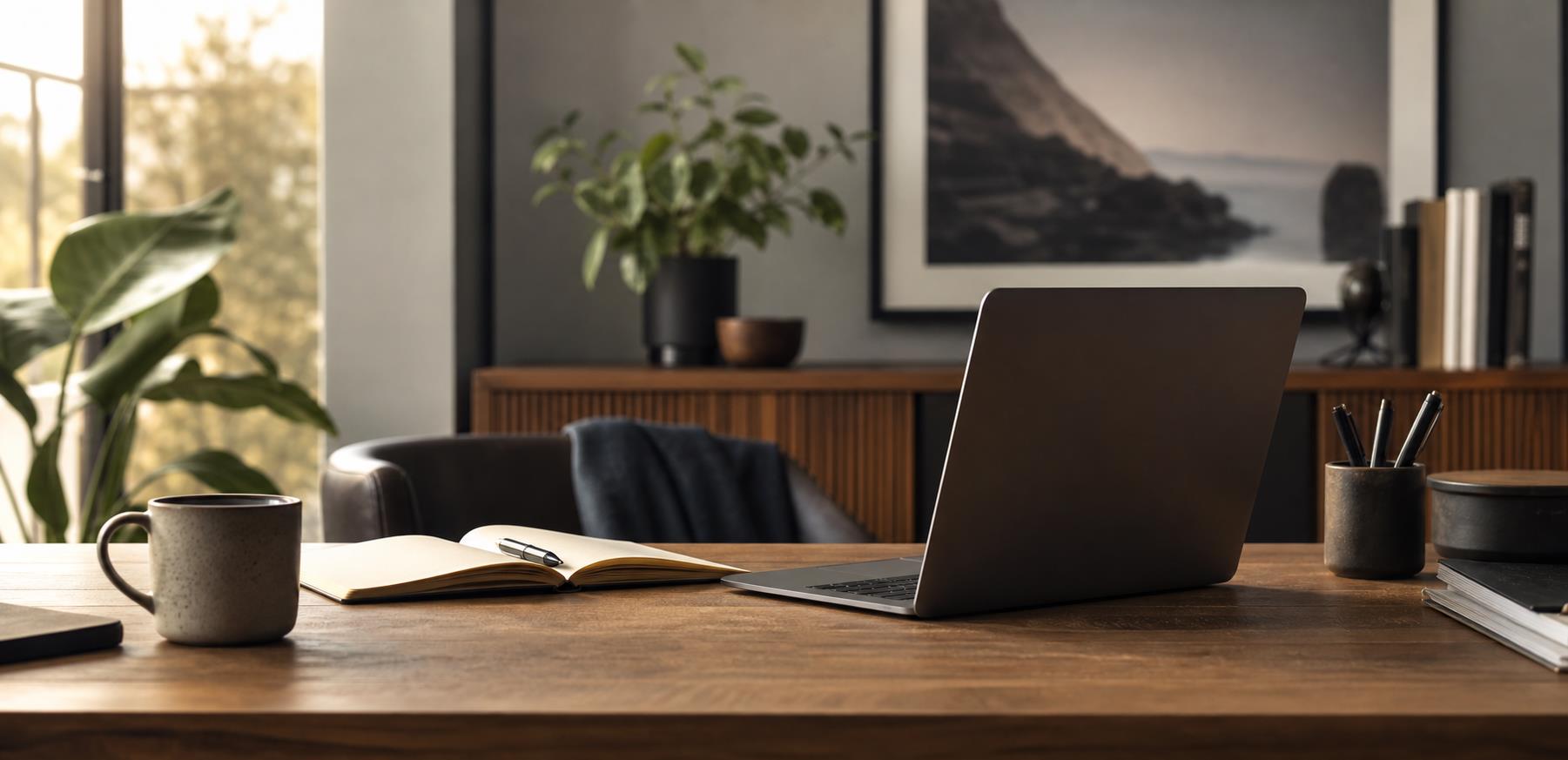 Editorial workspace with laptop, notebook, and coffee on a neutral modern desk.