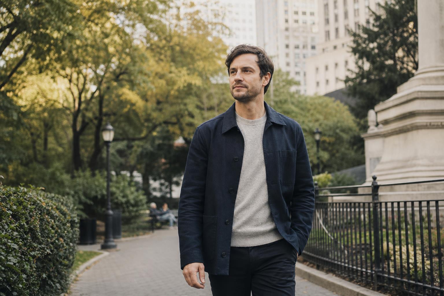 Adult man walking outdoors in a city park with calm, confident posture.