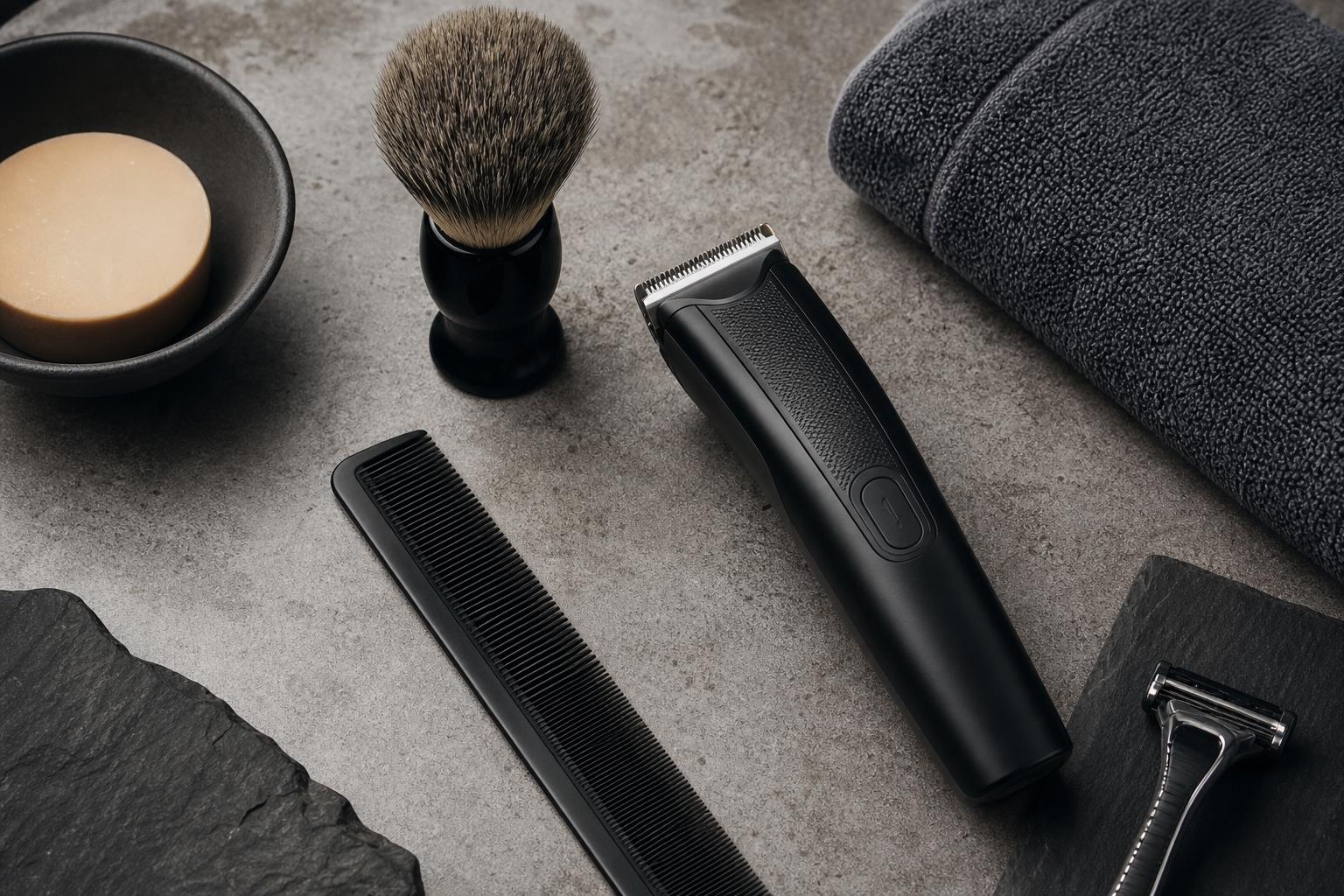 Premium men's grooming kit with trimmer, comb, shaving brush, and towel on a neutral surface.