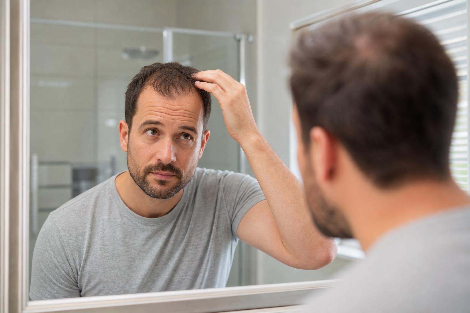 Adult man calmly looking into a bathroom mirror in natural light.