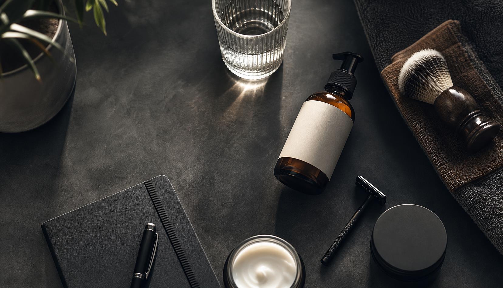 Modern men's wellness flat lay with grooming tools, notebook, and water on a charcoal surface.