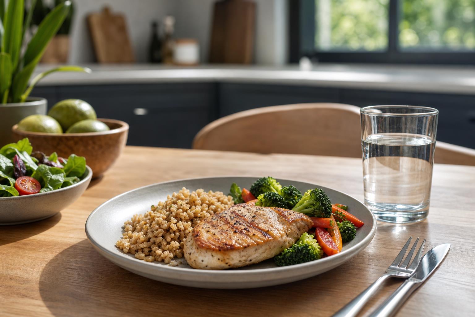 Balanced meal with protein, vegetables, whole grains, and water on a modern kitchen table.