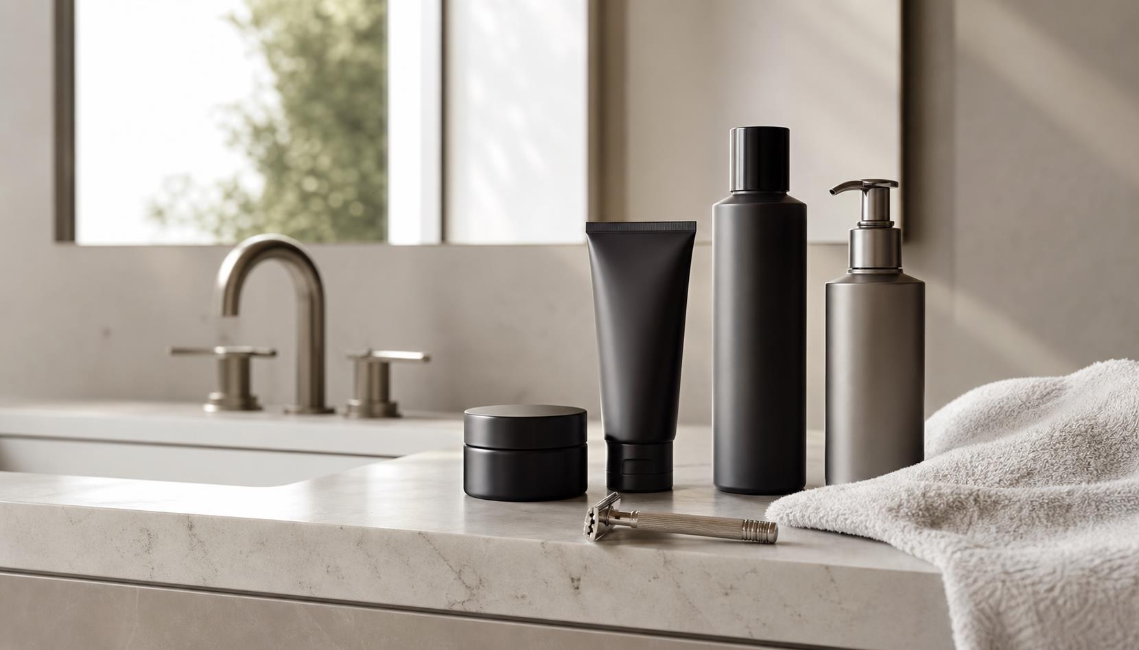 Minimal men's skincare products on a clean bathroom counter with a towel and razor.