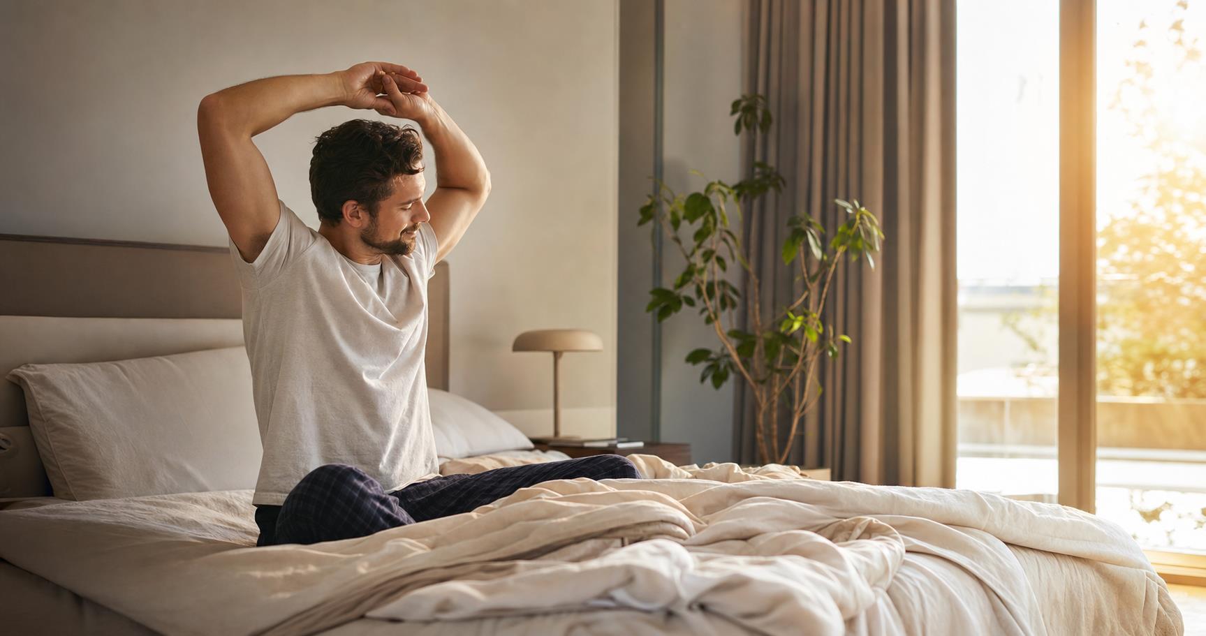 Adult man stretching calmly in a minimal bedroom with warm morning light.